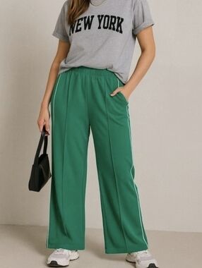 wild fable Emerald Green Wide Leg Track Pants with Side Piping